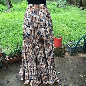 Tan/black floral pleated maxi skirt + belt, 8